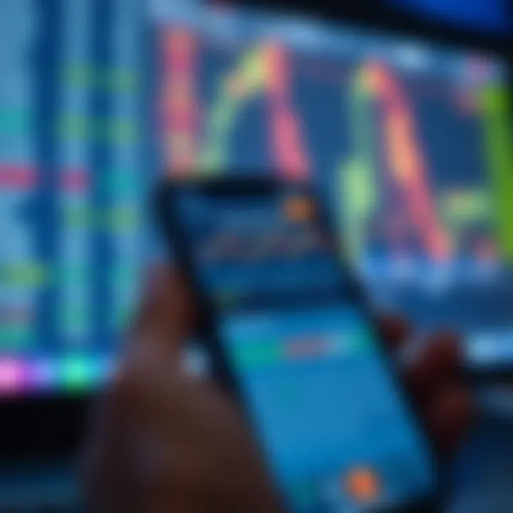 Mobile phone screen displaying various trading app interfaces with charts and market data