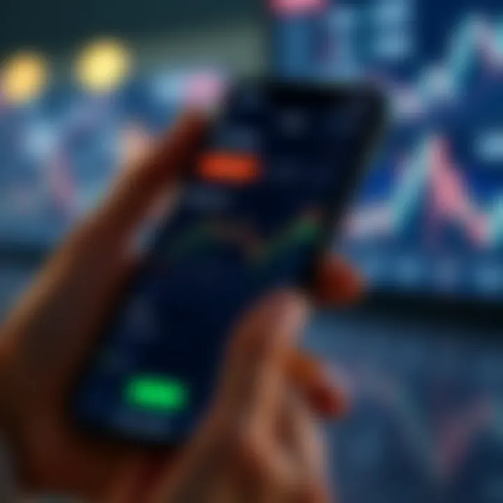 Mobile phone displaying trading app interface with charts and low deposit options
