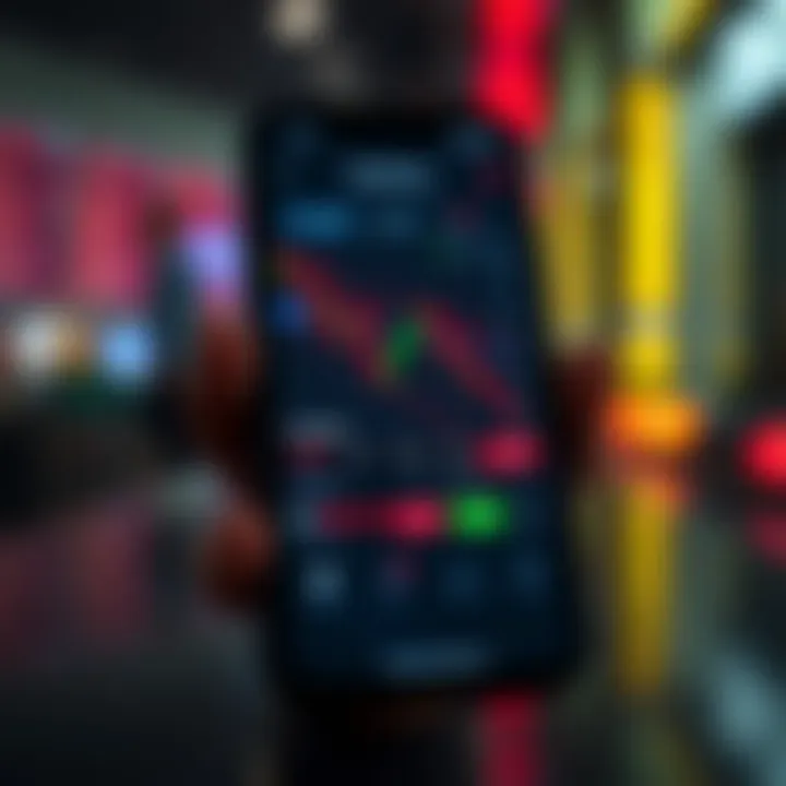 Mobile phone displaying a trading app interface with charts and stock prices