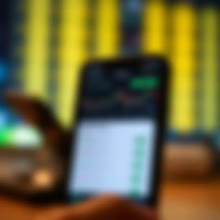 Mobile phone screen showing a trading app interface with stock charts and investment options