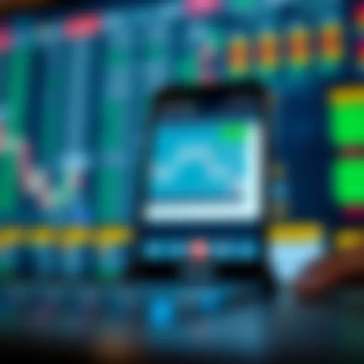 Mobile device displaying a stock market trading application with clear charts and real-time data