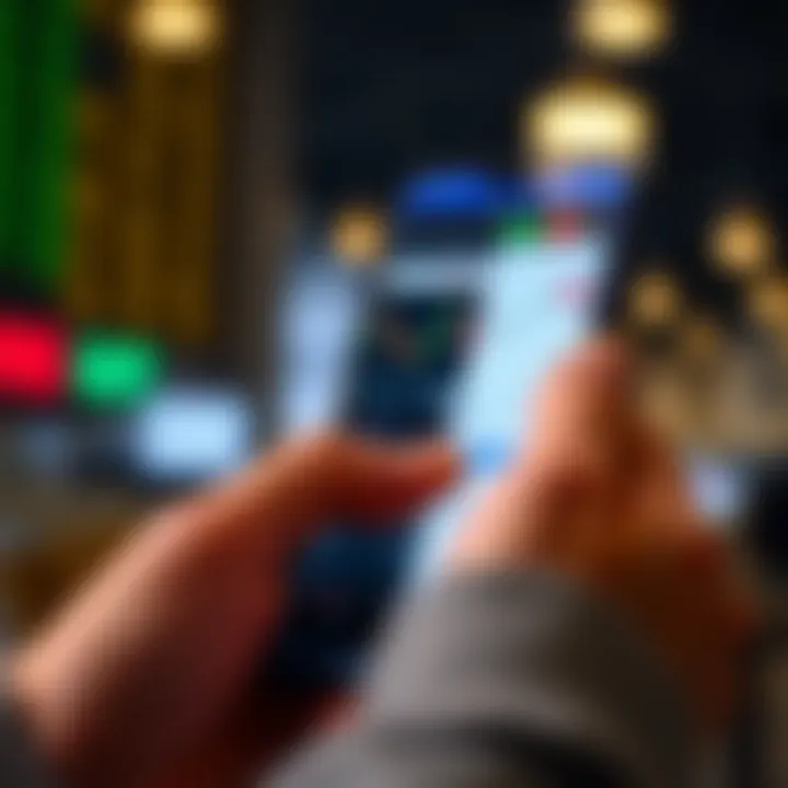 Mobile phone displaying a secure trading platform interface with charts and market data