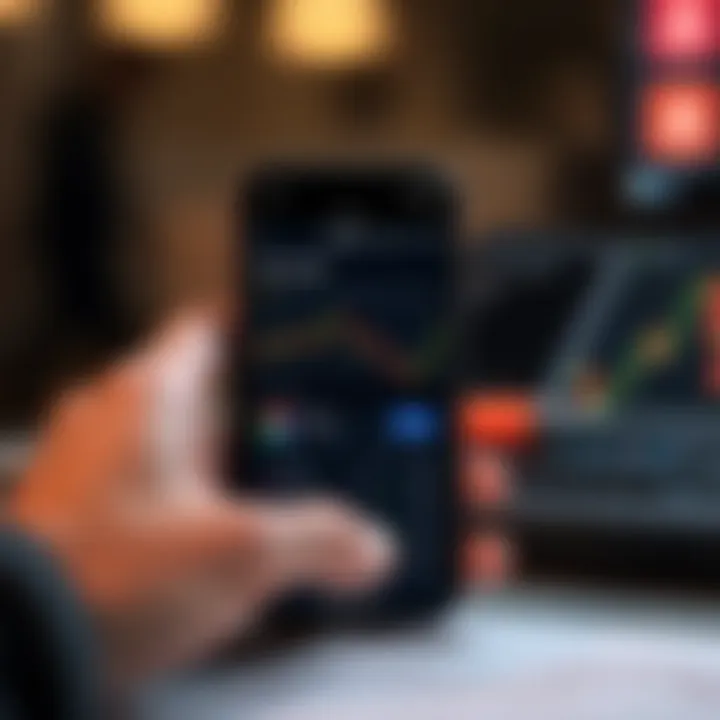 Mobile phone screen displaying a secure trading app interface with charts and account details