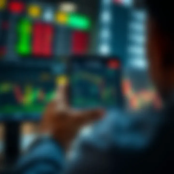 User interacting with a smartphone displaying various online trading app features and stock market charts on screen