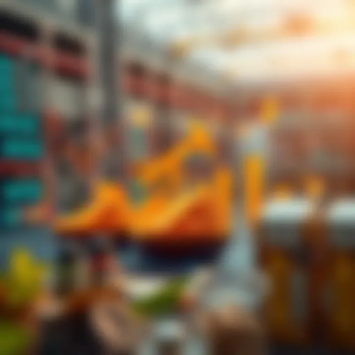 Conceptual illustration of digital trading with icons representing gold, crude oil, and agricultural products connected by technology