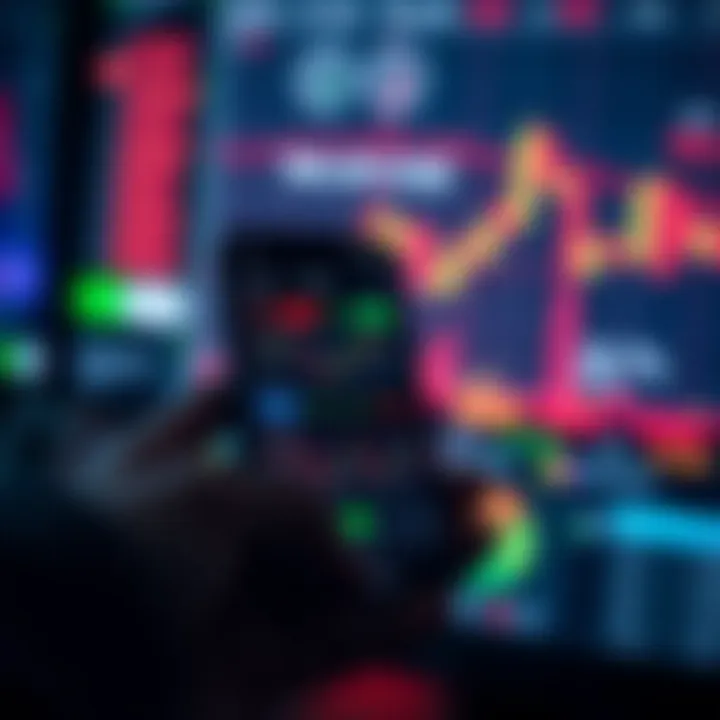 Mobile phone displaying an online trading app interface with charts and market data