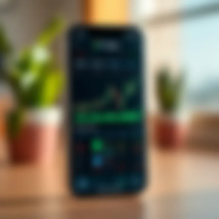 Mobile phone displaying a trading app interface with stock graphs and investment options