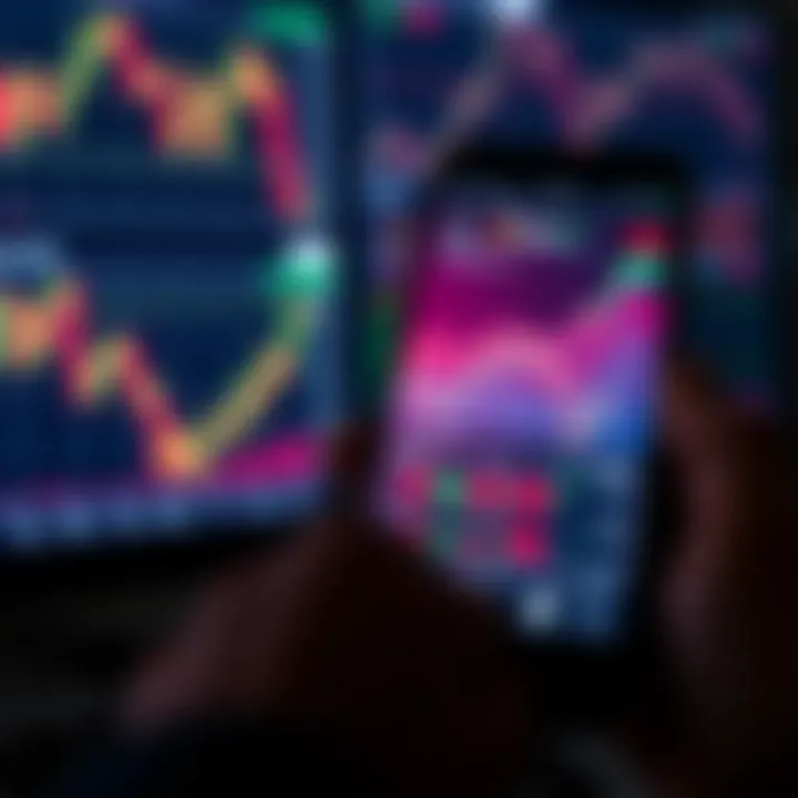 Mobile device displaying various financial charts and trading indicators on a digital platform