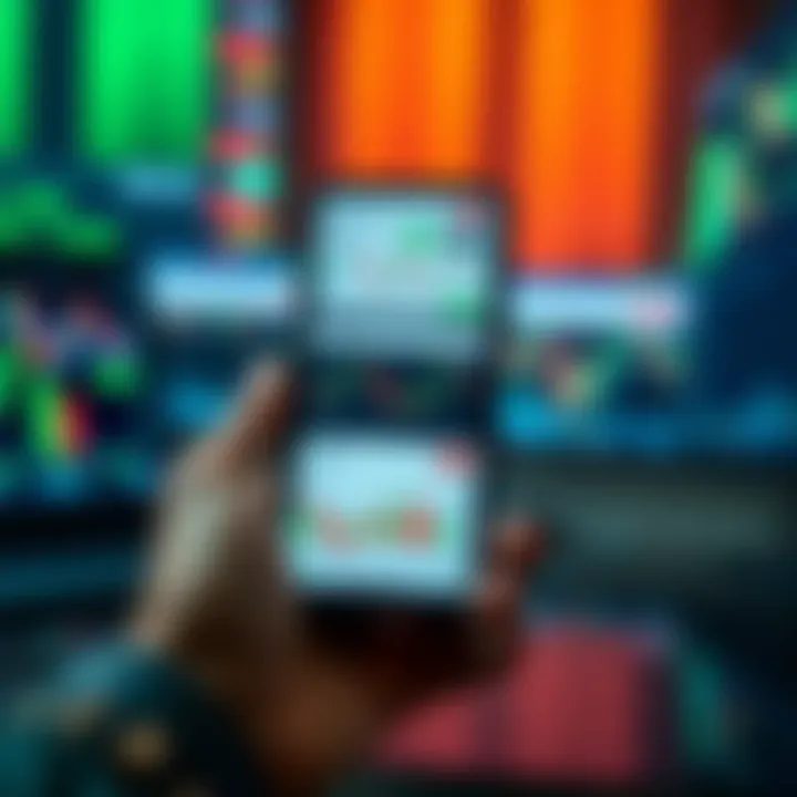 Smartphone displaying various financial charts and indicators used in online trading apps