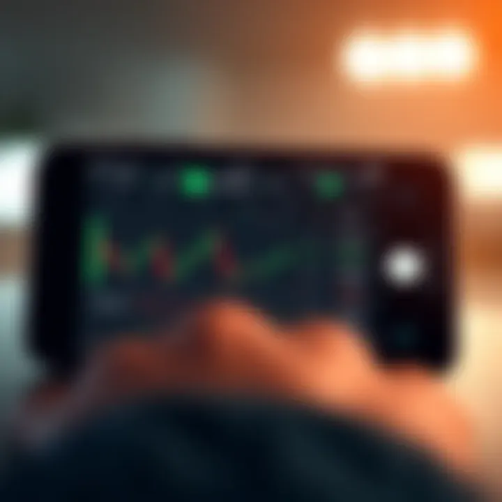 Mobile device displaying a secure trading app interface with charts and market data