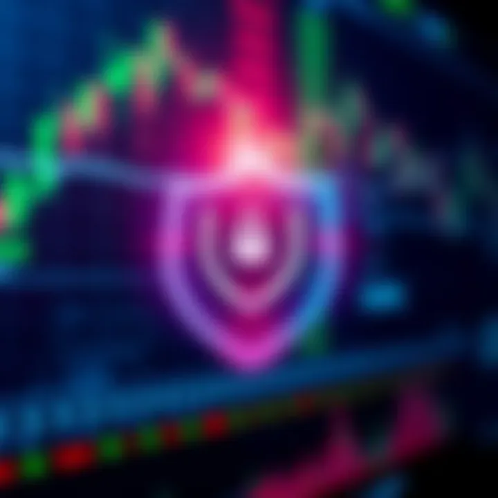 Security shield icon over digital stock market background illustrating safety in online trading