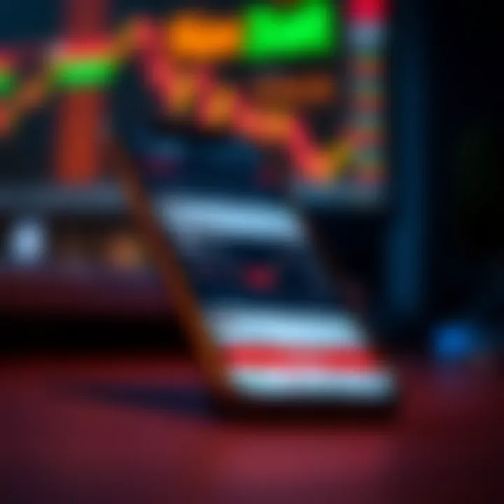 Mobile phone screen displaying various opinion trading app features and stock market data