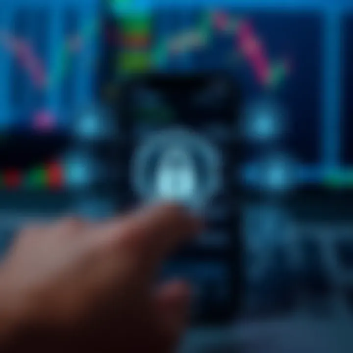 Secure online trading concept showing digital security icons overlaying a smartphone screen with trading data