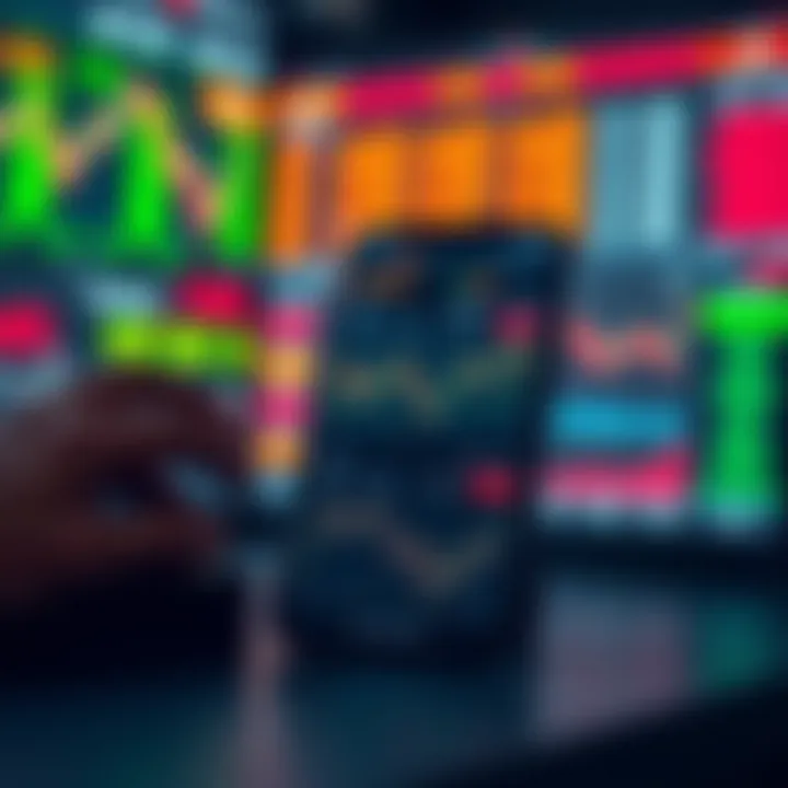 User interface displaying various stock market data charts and trading options on a mobile trading application