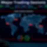 Global map showing major forex trading session zones including London, New York, Tokyo, and Sydney with corresponding time indicators