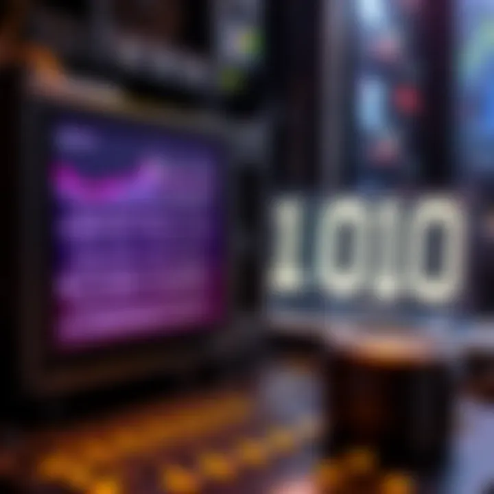 Conversion from Decimal Numbers to Binary Code in Computing Visual comparison of decimal numbers and their equivalent binary code alongside computing hardware